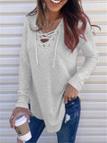 Women's Casual Solid Color Lace-up Neck Long Sleeve Tops