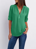 V-neck Zipper Loose Chiffon Blouses