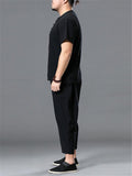 Loose Fit Linen 2-Piece Round Neck Button T-Shirt + Drawstring Cropped Pants