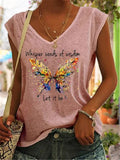 Butterfly And Words Printed V-Neck T-Shirts