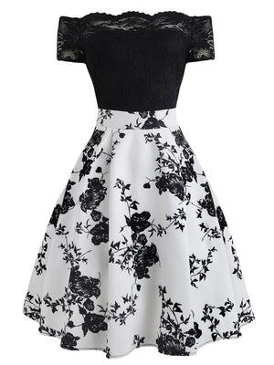 1950S Floral Off Shoulder Lace Swing Midi Dress