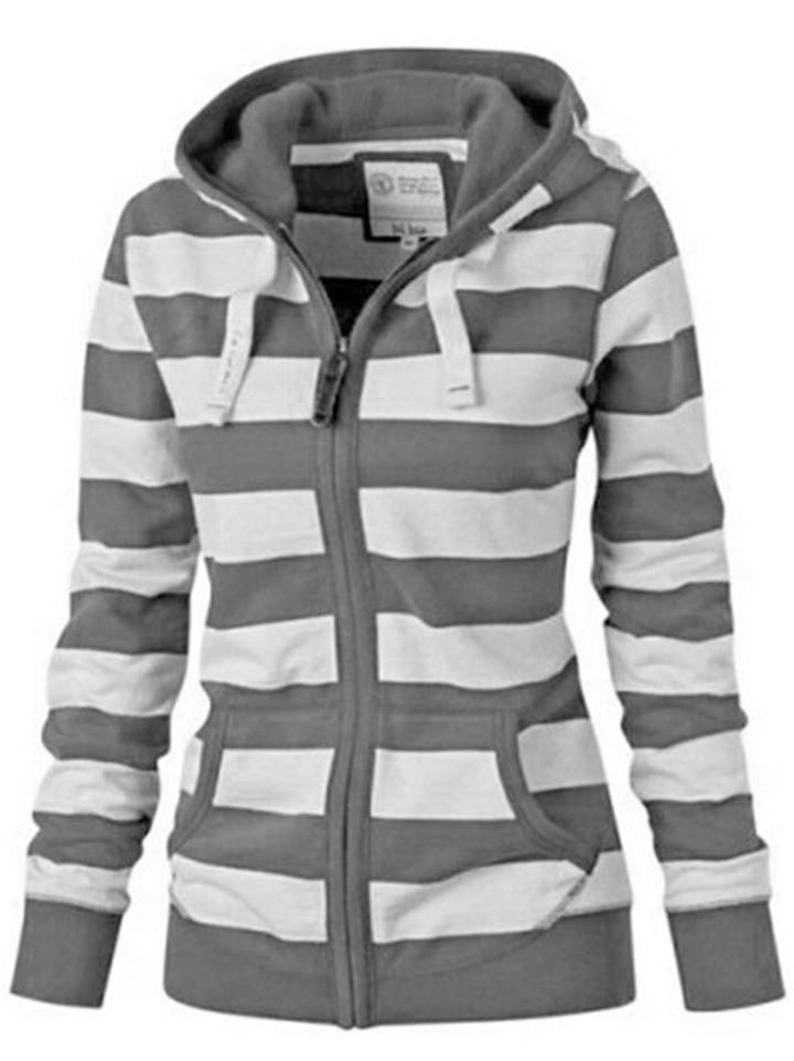 Casual Style Striped Zipper Pocket Drawstring Hooded Sweatshirt