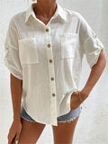 Women's Leisure Elbow Sleeve Chest Pocket Cotton Linen Blouses