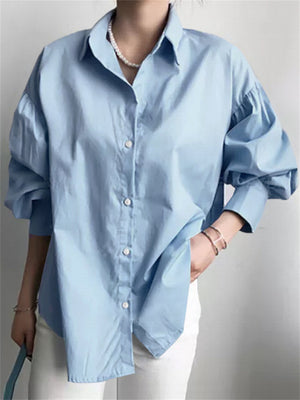 Casual Puff Sleeve Single Breasted Loose Shirt for Office Lady