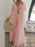 Soft Touch Ruffled Detailing V Neck Long Sleeve Loose Fit Maxi Nightgown