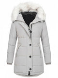 Trendy Slim Faux Fur Collar Hooded Solid Color Coat With Pockets
