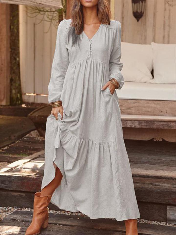 Retro Cotton Linen Long Sleeve Empire Waist Maxi Dress