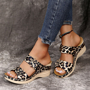 Female Vacation Floral Leopard Print Wedge Heels Slip On Sandals