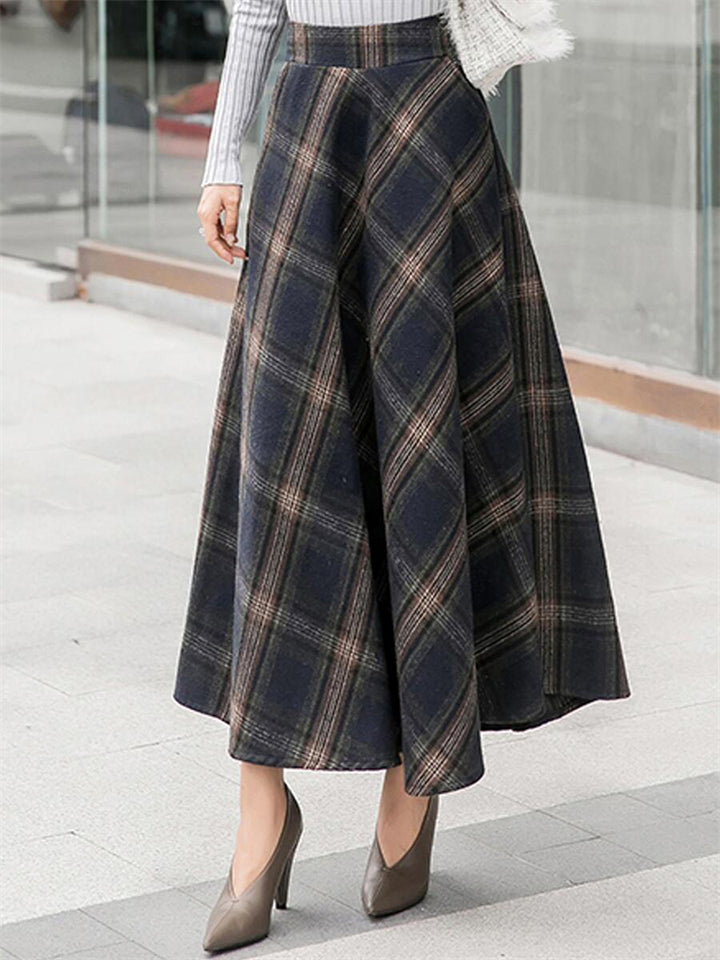 Women's Warm Thick High-waisted A-line Woolen Plaid Skirt