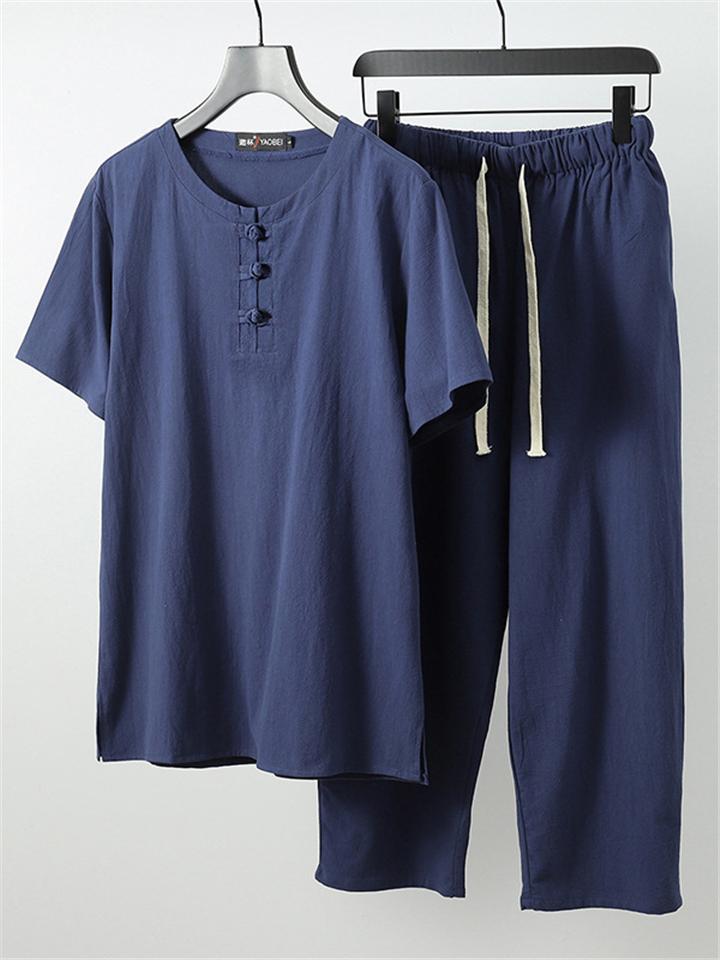 Simple Style Solid Color 2-Piece Outfit Retro Button T-Shirts + Drawstring Pants