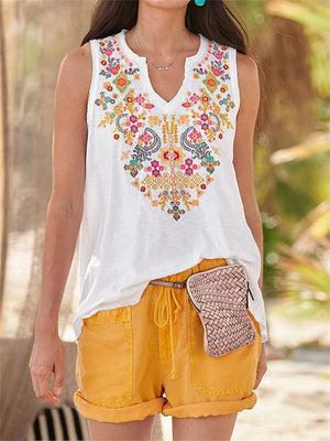 Ethnic Bohemian Floral Print V Neck Sleeveless Tops for Women
