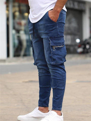 Trendy Front Zipper Multi-Pocket Denim Cargo Pants