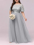 New Elegant Sweet Style Plus Size Embroidery Short Sleeve Evening Dresses