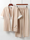 Soft Linen Comfy 2-Piece Outfit Embroidery Shirts + Drawstring Pocket Cropped Pants