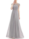 Elegant Cap Sleeve Lace Neckline Ruched Bust Evening Dress