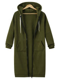 Comfortable Full Zipper Pocket Drawstring Hooded Midi Coat