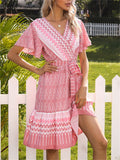 Fashion Contrasting Printed V Neck Lace Up Short Sleeve Dresses