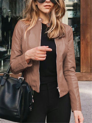 Autumn Fashion Full Zip Up Faux Leather Jackets for Women