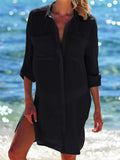 Semi-Sheer Side Slit Curved Hem Chest Pocket Classic Collar Thigh-Length Beach Blouse