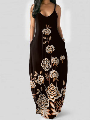 Spaghetti Strap Scoop Neck Flared Design Floral Print Pocket Full-Length Dress