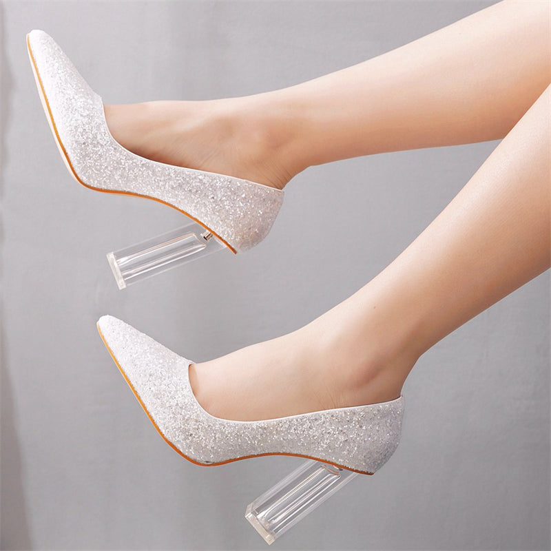 Elegant Ladies Pointed Toe Glitter Sequins Crystal Heels Wedding Pumps