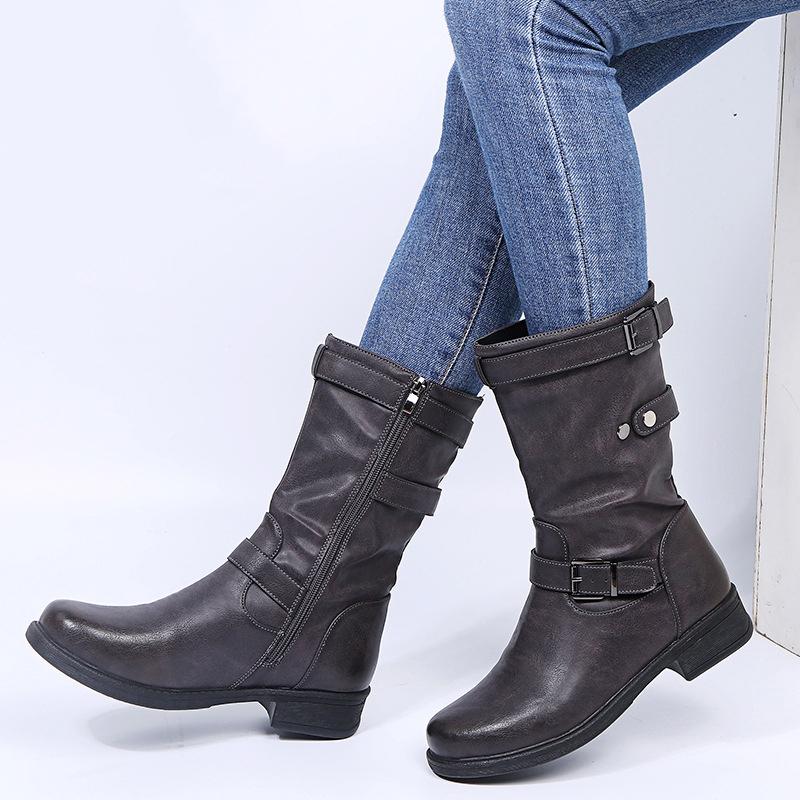 Women's Fashion Block Heel Solid-Color Leather Buckle Mid-Calf Boots