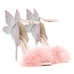 Gorgeous Pastel Crystals Pink Embellished 3D Butterfly Wing Princess Pumps