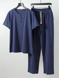 Comfy Two-Piece Outfit Front Button Short Sleeve T-Shirt + Drawstring Waistband Pants
