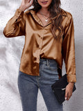 Super Soft Lapel Button Long Sleeve Silky Blouses for Office Lady