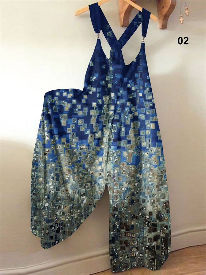 Women’s Retro Art Print Relaxed Fit U Neck Sleeveless Jumpsuit