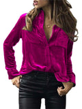 Women's Stylish Daily Wear Button Up Lapel Collar Velvet Blouses