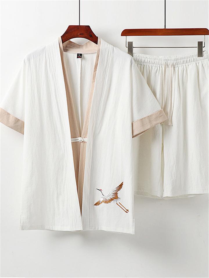 Men's Linen 2-Piece Outfit Simple Style V-Neck Solid Color Short Sleeve Top + Drawstring Shorts