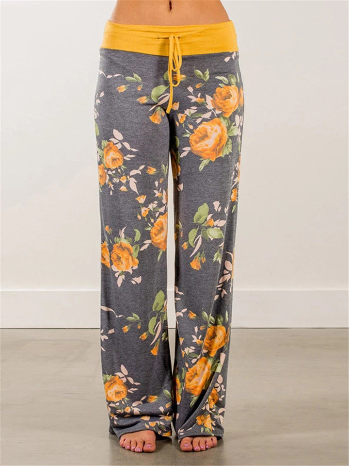 Women's Cute Floral Drawstring Wide-Leg Cotton Vacation Pants