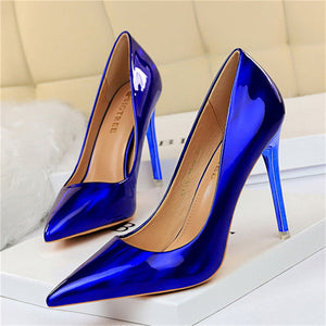 New Elegant Glossy Solid Color Blue High Heels