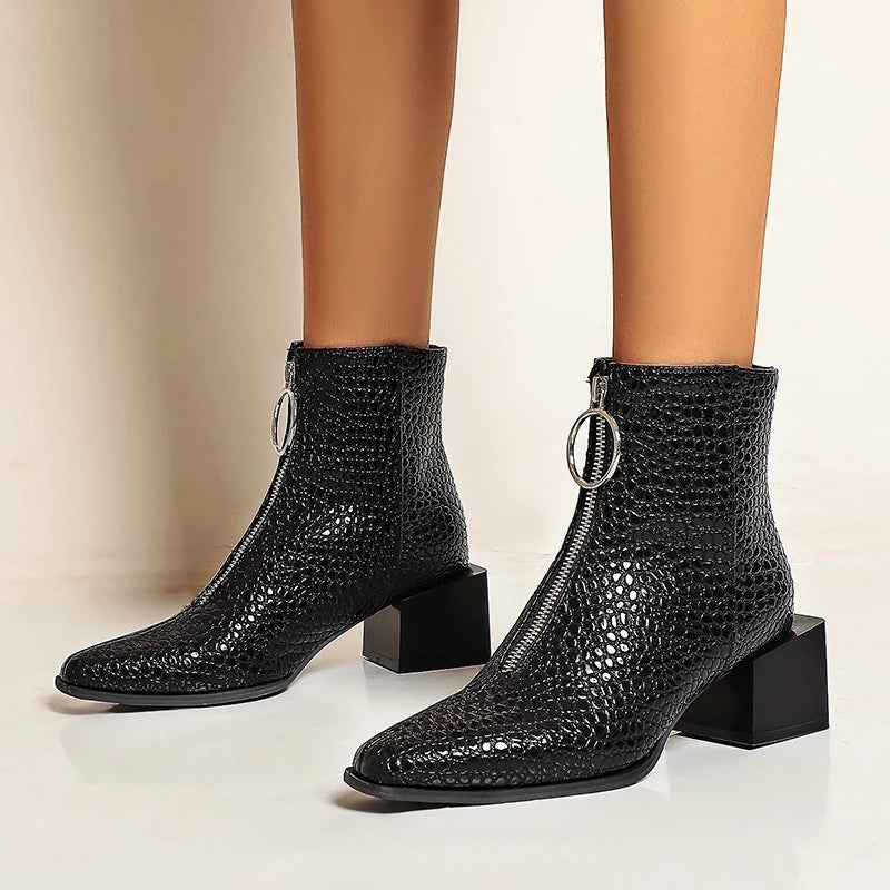 Thick Chunky Medium Heel Front Zipper Ankle Boots