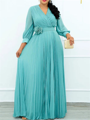 V-Neck Long Sleeve Slim Pleated A Line Long Dresses