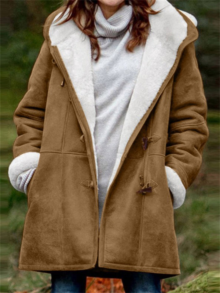 Women's Cozy Fur Lining Hooded Coat with Horn Toggles
