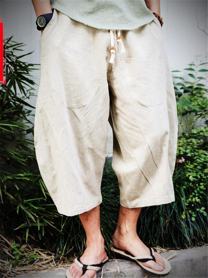 Plus-sized Cotton Linen Casual Cropped Pants For Men