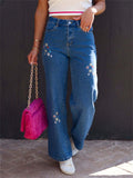 Women's Retro Floral Embroidery High Rise Straight Leg Denim Pants