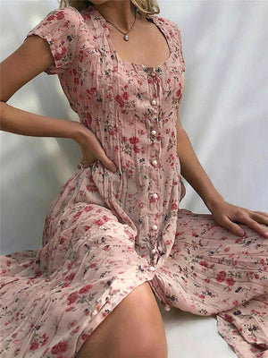 French Flair Elegant Floral Square Neckline Midi Dress