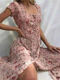 French Flair Elegant Floral Square Neckline Midi Dress