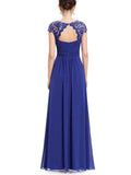 Elegant Cap Sleeve Lace Neckline Ruched Bust Evening Dress