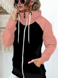Fashion Colorblock Zip Up Drawstring Sweatshirt For Women