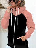 Fashion Colorblock Zip Up Drawstring Sweatshirt For Women