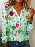 Temperament Floral Print Female V-neck Pullover T-shirts