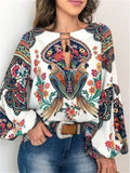 Distinctive Retro Style Printed Round Neck Long Lantern Sleeve Blouse