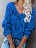 Fashion Hollow Design Casual Solid Color V-Neck Knitted Pullover Sweater