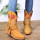Womens Mid-Heel Fashion Embroidered Rose Mid-Calf Boots With Buckles