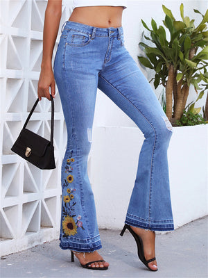 Women's Casual Style Sunflower Embroidery Bell Bottom Comfortable Denim Jeans