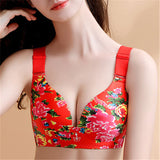 Women's Wireless Soft Comfy Plus Size Floral Bras - Red